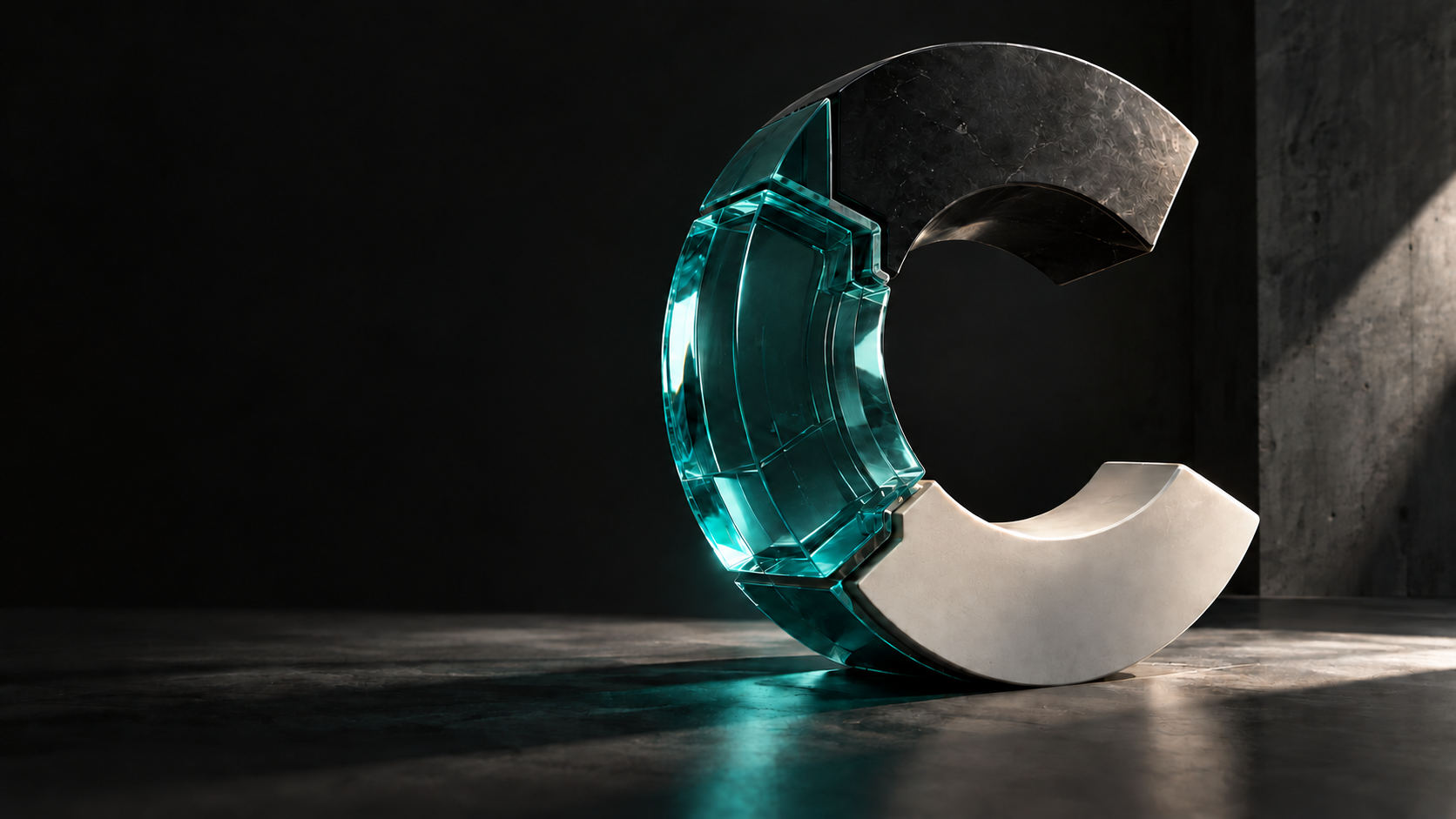 Sculptural C assembled from teal glass, dark stone, and warm-white ceramic